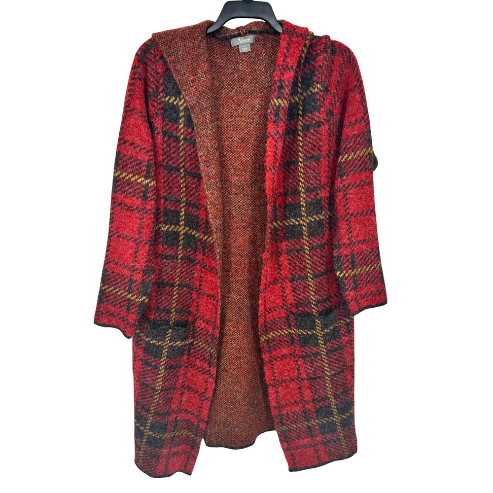 Naturals Reflections Womens 1X Red Plaid Long Hooded Cardigan‎ Sweater - CJ